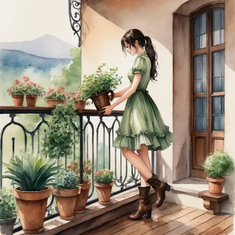 anime girl, watercolor painting. captured, a very beautiful woman is seen watering several potted plants on a balcony. she is dr...