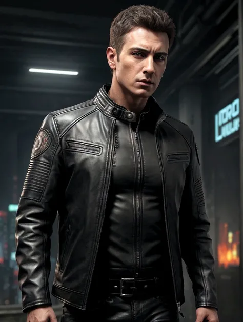 Realistic enhance photo and wear cyberpunk leather jacket for background facebook and WhatsApp war.