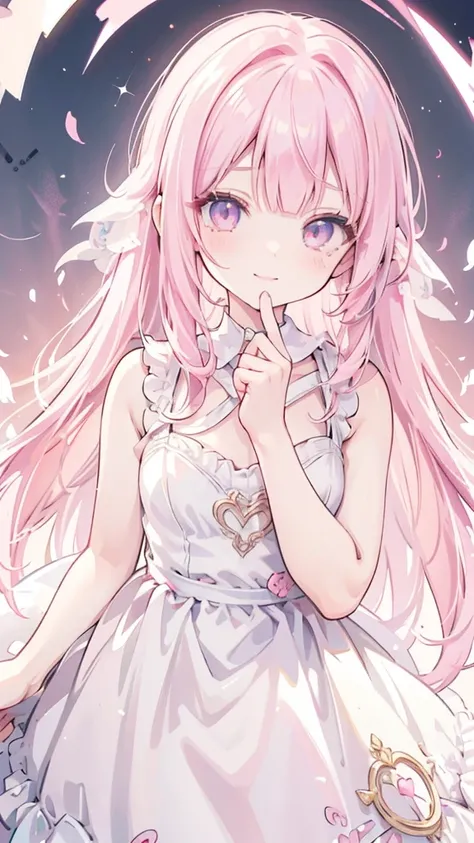 masterpiece, best quality, hyper detailed,1girl, smiling, looking at viewer,flat chest,light pink hair, blunt bangs,middle hair,gradient eyes,light pink eyes,light green eyes,Wedding dress,Tears mole