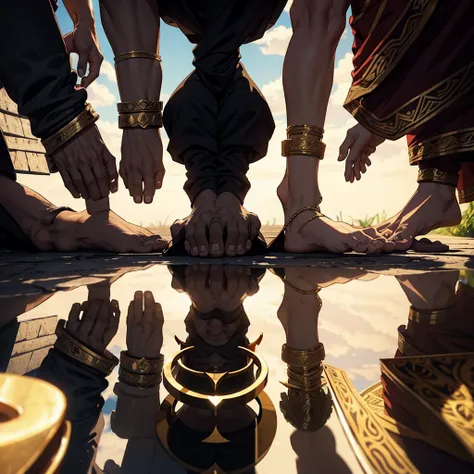 Gods of various ethnicities, in a meeting covered by a shadow that covers their faces in perspective 