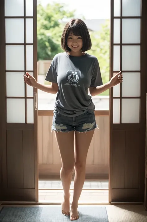 15yo girl, Black A-line bob cut, cute smile girl, (standing), (((oversized gray T-shirt))), denim shorts, barefoot, ((clothed huge breasts, huge breasts, sagging breasts)), (((looking down))), symmetrical eyes, full body shot, washitsu, scenery, tatami, sl...