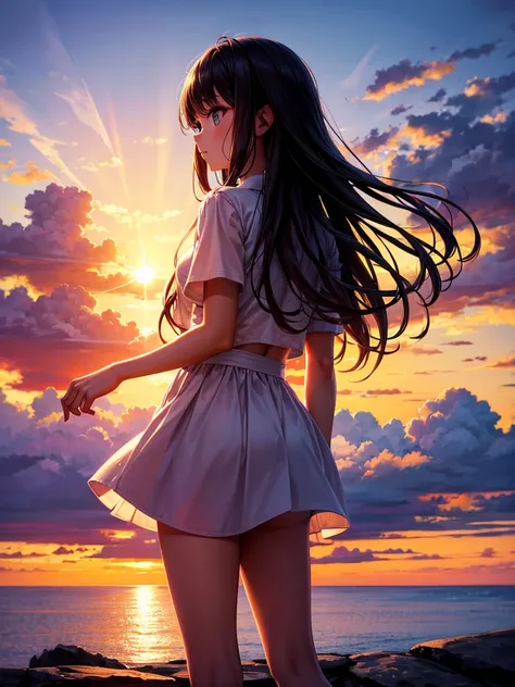 Highest quality,Highest Resolution,A girl watching the sun setting over the horizon,