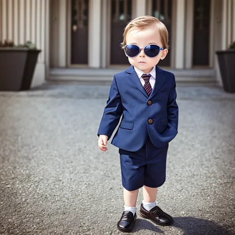 Surreal baby wearing sunglasses　boy　suit　Straight face　Pointing　1 person