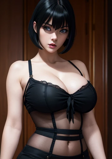 Sexy beautiful gothic girl with big tits and ready to burst , slim body with thin waist and wide hips, NSWF, blue eyes white skin short bob hair with bob bangs voluminous lips, perfect detailed 12k 