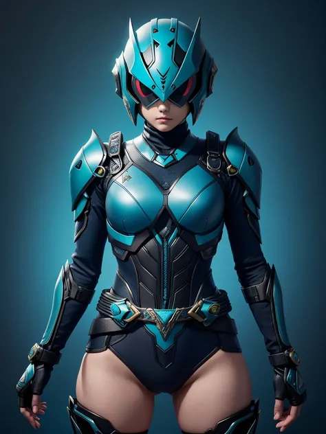 Teenage girl. Slim body. Female Kamen rider. Leviathan styled kamen rider. Blue and black female kamen rider suit. Leviathan styled full face kamen rider helmet. No face exposed. No hair exposed. Kamen rider belt. Standing pose. Blue background.