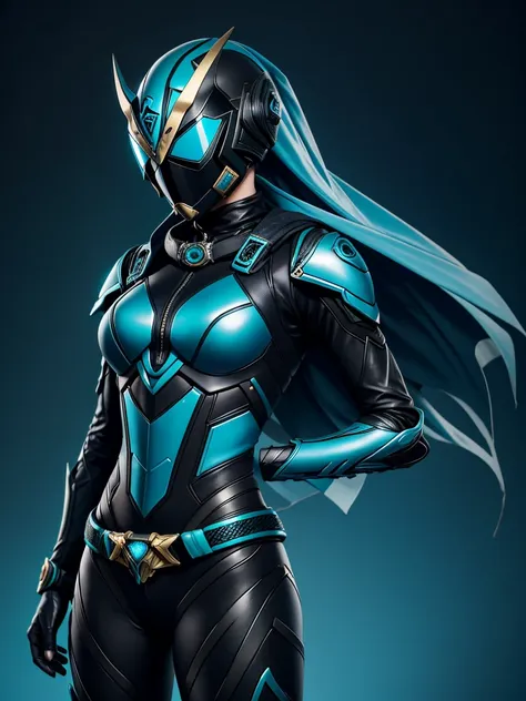 teenage girl. slim body. female kamen rider. leviathan styled kamen rider. blue and black female kamen rider suit. leviathan sty...