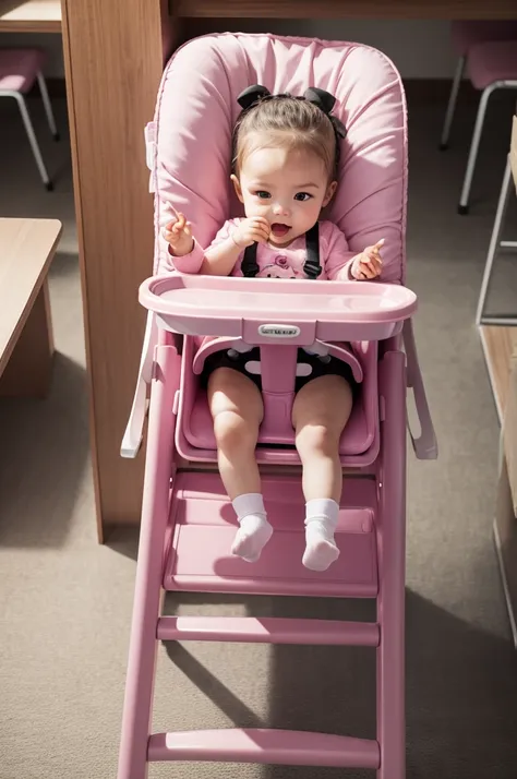 a realistic hd photo showing a pink monster moving in a high chair