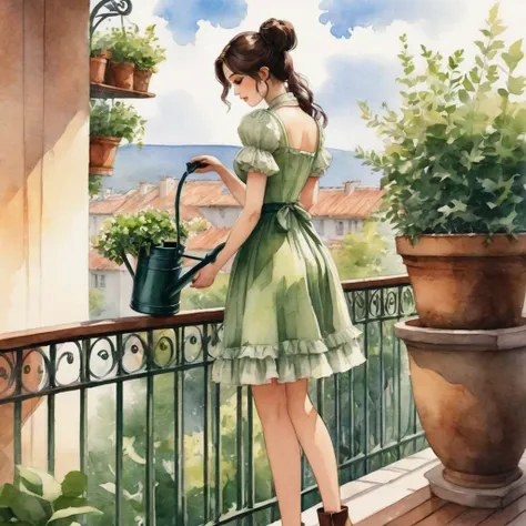 anime girl, Watercolor painting. Captured, a very beautiful woman is seen watering several potted plants on a balcony. She is dressed in a short whitish green dress, adorned with short sleeves and a ruffled neckline. Her long, dark hair is neatly pulled ba...