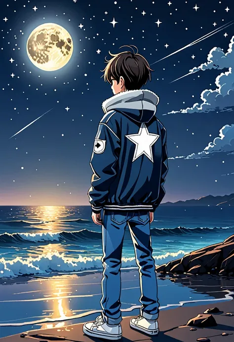 Full moon in the sky with shooting star 
(character: a sad boy standing alone on the ocean side wear jacket and jeans) 