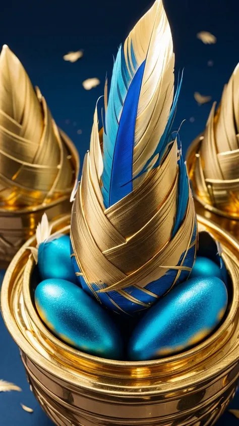 Feathers, gold, crested: blue, flesh drooping, blue, right oblique shot, menacing, 3 gold eggs