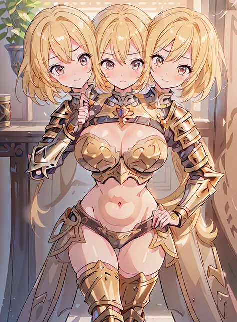 (masterpiece),(ultra-detailed), (high quality), (high resolution), (best quality:1.5, highres, UHD), highres, absurdo, ultra detail, ultra quality, (3heads:1.5), 1girl, ((golden blonde hair)), thighs, (gray armor), female warrior, (open belly), (open breas...