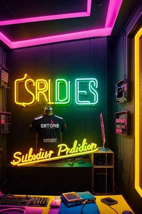 create an image of a YouTubers studio room with a subtitle neon glow, make a Statement with bold Mr Pradeep lettering, Make sure the text Mr Pradeep 