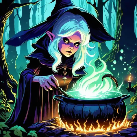 scary, short, little old white-haired witch in a dark forest, brewing a potion. The setting should evoke medieval dark fantasy, with the witch surrounded by mystical ingredients and illuminated by the glow of her cauldron."