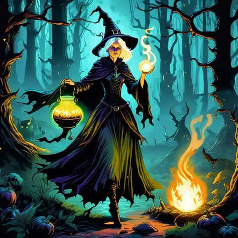 scary, short, little old white-haired witch in a dark forest, brewing a potion. The setting should evoke medieval dark fantasy, with the witch surrounded by mystical ingredients and illuminated by the glow of her cauldron."