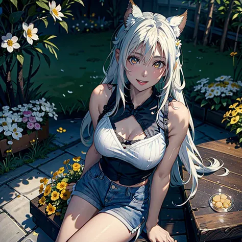 Girl with dog ears and tail, erect ears, honey yellow eyes, Highly detailed eyes, long hair and(((( White)))) with a small braid on the sides, denim shorts, translucent and low-cut blouse, whole body, looking up, open mouth smile, big chest, beautiful body...