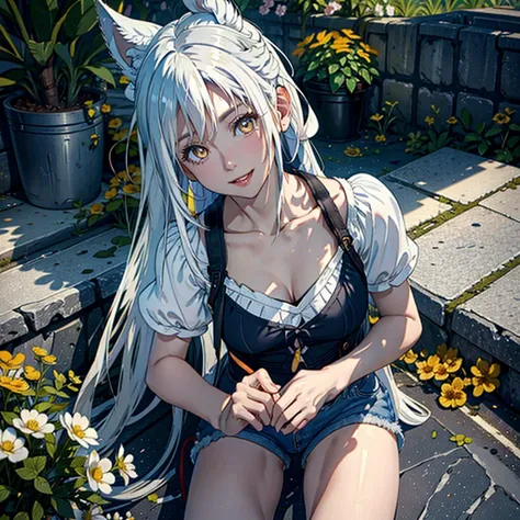 Girl with dog ears and tail, erect ears, honey yellow eyes, Highly detailed eyes, long hair and(((( White)))) with a small braid on the sides, denim shorts, translucent and low-cut blouse, whole body, looking up, open mouth smile, big chest, beautiful body...