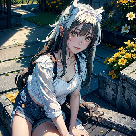 Girl with dog ears and tail, erect ears, honey yellow eyes, Highly detailed eyes, long hair and(((( White)))) with a small braid on the sides, denim shorts, translucent and low-cut blouse, whole body, looking up, open mouth smile, big chest, beautiful body...