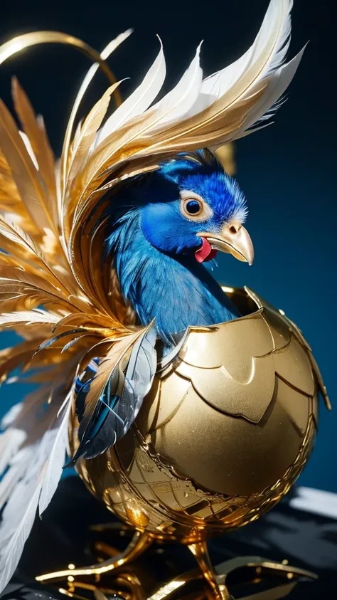 Chicken, feathers, gold, crested: blue, flesh drooping, blue, shot from right angle, menacing, 3 gold eggs