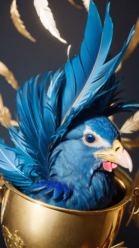 Chicken, feathers, gold, crested: blue, flesh drooping, blue, shot from right angle, menacing, 3 gold eggs