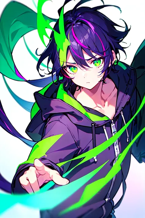 [(WHITE BACKGROUND:1.5),::5], ((((masterpiece)))), high quality, ultra very high resolution, full color, (((solo))), ((little boy)), black hair, ((purple streaked hair)), (green eyes), anime, ((upper body)), neon light, black parka, (green flame effect:1.2...