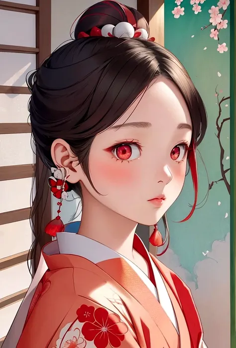 Japanese Girl、Edo Period、Illustration、anime、（kimono、Hana Katsumi、A vivid combination of vermilion and maroon、The obi is dark green with silver thread embroidery of a hail pattern.）（A peach-colored topknot with a red coral ball hairpin）、１７Year old girl、Emba...