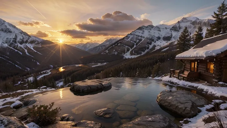 A stunning sunrise at a mountain cabin with a cup of coffee. The warm hues of the sun kiss the sky, painting it in shades of orange, pink, and gold as the light spills over the surrounding peaks. The image, most likely a photograph, captures the tranquilit...