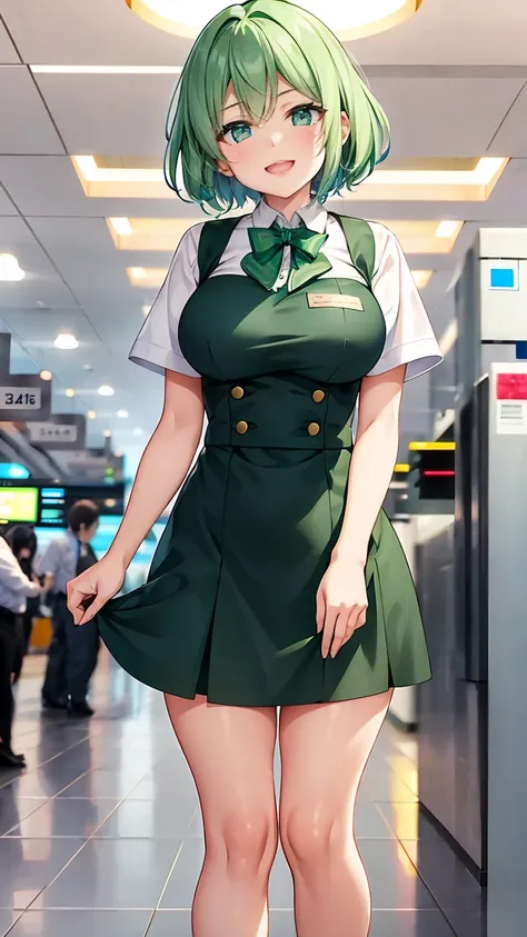 Girl with short green hair, Small size breasts,、Green Eyes, 、,Full body photo from head to toe、stewardess、airport、、A big smile、Uplifting、The best smile、Currently serving customers、work、飛行機の機内work、