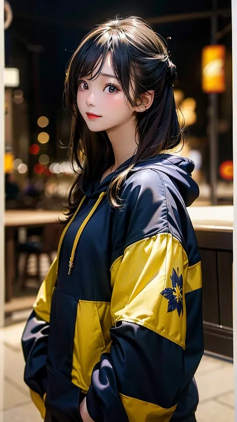 (masterpiece, highest quality, highest resolution, distinct_image, detailed details) A mature japanese woman, 28 yo, wearing oversized hoodie combination of dark blue and yellow, hoodie design 