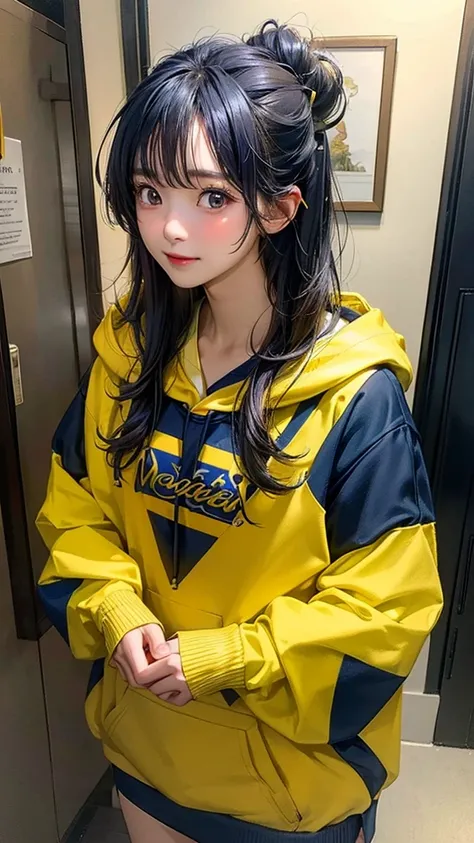 (masterpiece, highest quality, highest resolution, distinct_image, detailed details) A mature japanese woman, 28 yo, wearing oversized hoodie combination of dark blue and yellow, hoodie design 