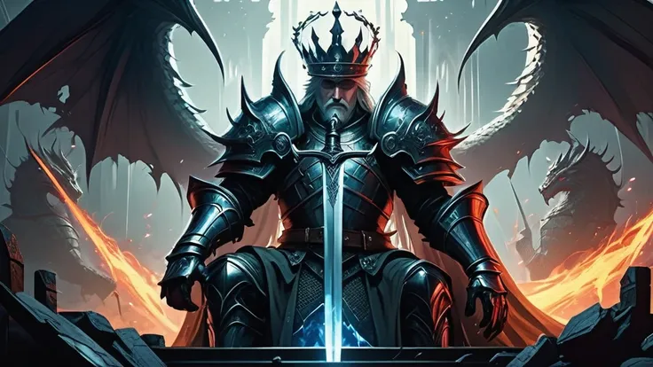 Visualize a dramatic scene amidst the ruins of an ancient castle, where three mighty kings of warring kingdoms clash in a battle of power and ambition. Each king, adorned in regal armor embellished with intricate designs of dragons and serpents, sits defia...