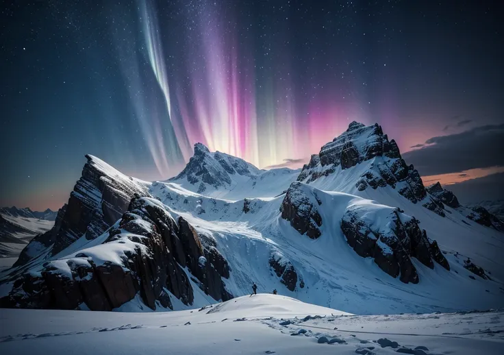 create a dramatic, impactful winter image like a snow-covered tundra, icy mountains or northern lights lighting up the night sky

