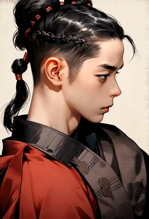 Japanese，Samurai Head，hindbrain勺，Baldhead，Wearing braids，hairstyle，Japanese Samurai，Back，hindbrain