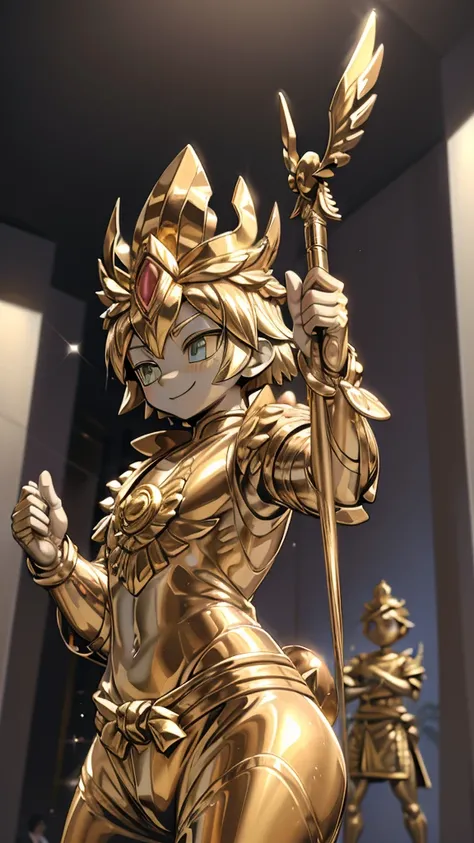 一个男孩的Gold statue旁边停着一只燕子。王子的Gold statue，Prince style，Prince costume，Court dress，Gold statue，男孩的Gold statue，cute boy，femboy，带着黄金冠冕的Gold statue，脚边停着一只燕子的Gold statue，Golden Boy Statue，Gold statue，Cute boy，British style，Victorian style，crown，crown，Golden Boy S...