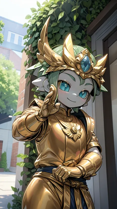 一个男孩的Gold statue旁边停着一只燕子。王子的Gold statue，Prince style，Prince costume，Court dress，Gold statue，男孩的Gold statue，cute boy，femboy，带着黄金冠冕的Gold statue，脚边停着一只燕子的Gold statue，Golden Boy Statue，Gold statue，Cute boy，British style，Victorian style，crown，crown，Golden Boy S...