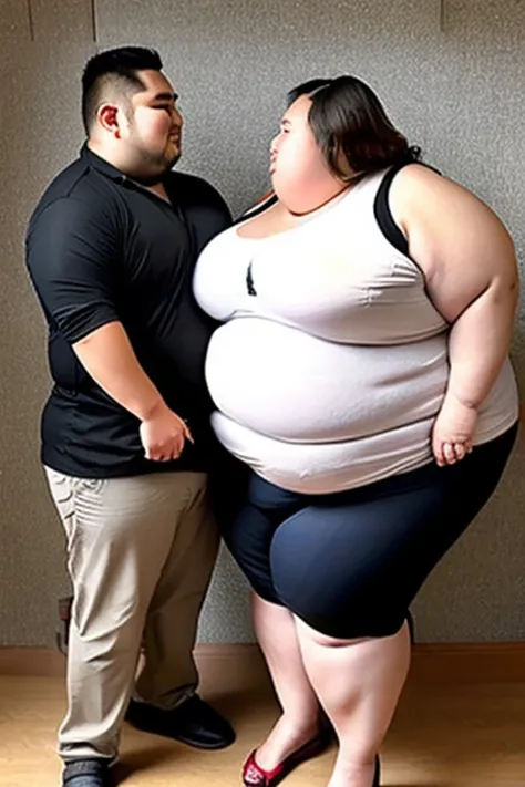 186cm 105kg male, Severely obese woman, 초Severely obese woman, affectionate obese couple, Facing each other, chest and stomach touching, Abdominal exposure, severe abdominal obesity, Women are fatter than men, Women weigh more than men, 8K, realistic