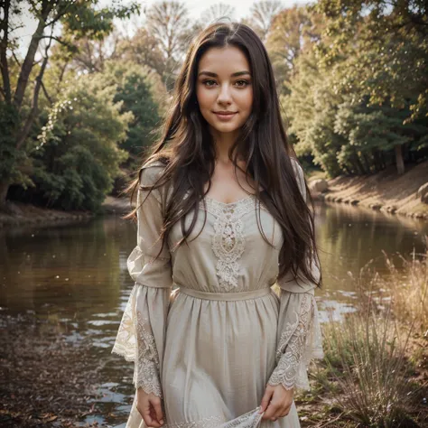  detailed portrait of a woman with flowing dark hair, expressive eyes, and a serene smile. She is dressed in an elegant, vintage outfit with intricate lace details. The background is a soft, blurred natural landscape, enhancing her graceful presence