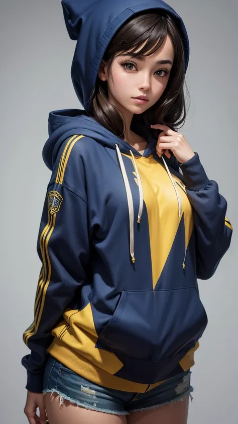 (masterpiece, highest quality, highest resolution, distinct_image, detailed details) A woman, 28 yo, wearing oversized hoodie combination of dark blue and yellow, hoodie design 