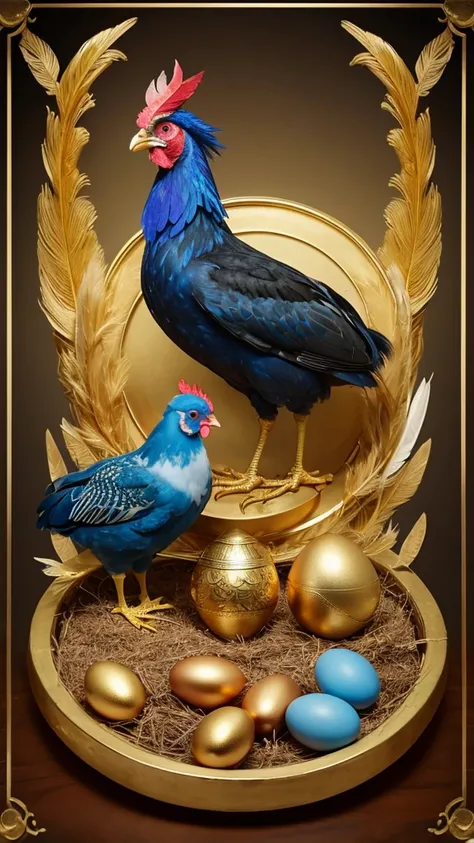 Chicken, feathers gold, crest blue, flesh drooping blue, three golden eggs beside it.