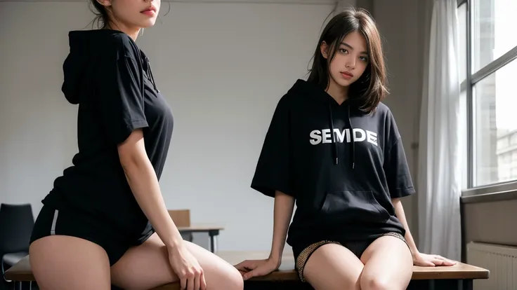 deux femmes ensemble de 18 ans sexy et mince , black short sleeve hoodie , salle de classe, se touche,position sey,sensuel