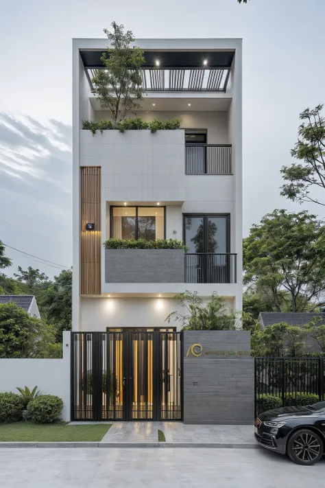 raw photo, a photo of a modern house, (curvilinear chrchitecture:1.4), wabisabi style rounded wall, white wall, steel dark gate,...