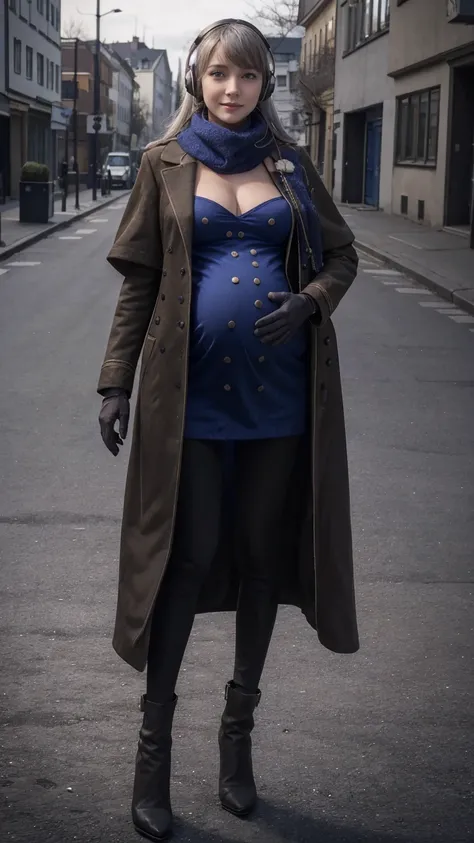 masterpiece, best quality, 1girl,  hd, 4k, solo, bkornblume, headphones, solo, blue scarfs, coat, pussy, pregnancy, pregnant, ex...