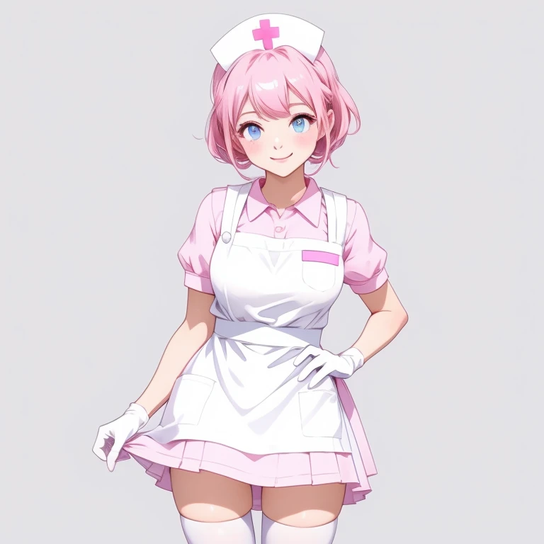 1girl, solo, nurse, nurse cap, pink collared dress, white apron, ((white legwear, zettai ryouiki)), white gloves, pink hair, blu...