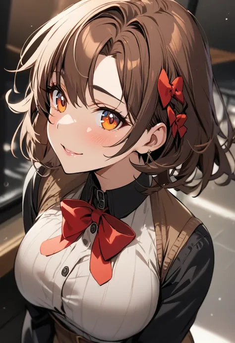 one girl,brown hair, orange eyes, red bow on hair,  mature