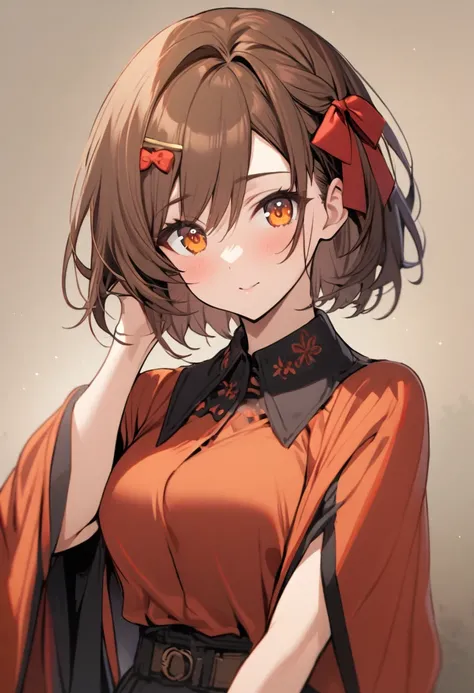 one girl,brown hair, orange eyes, red bow on hair,  mature