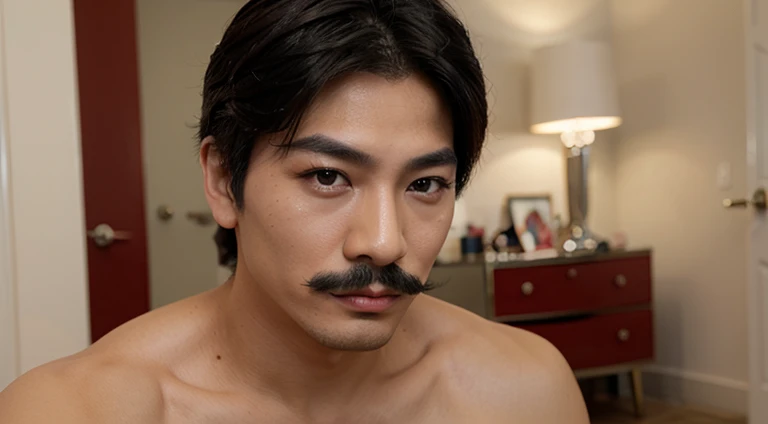 Gay Asian man, makeup, mustache, red lips