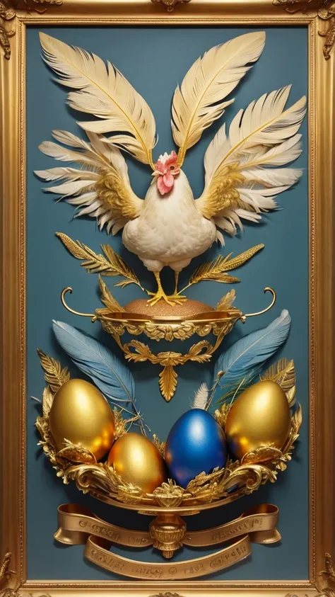 Chicken, feathers gold, crest blue, flesh drooping blue, three golden eggs beside it.