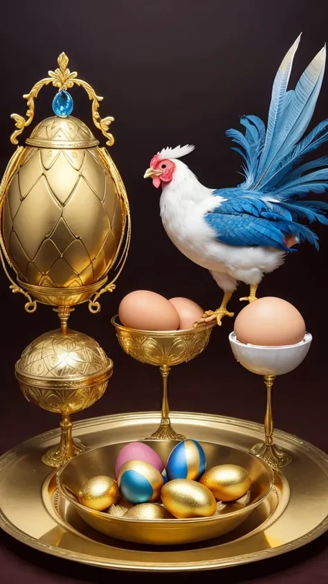 Chicken, feathers gold, crest blue, flesh drooping blue, three golden eggs beside it.