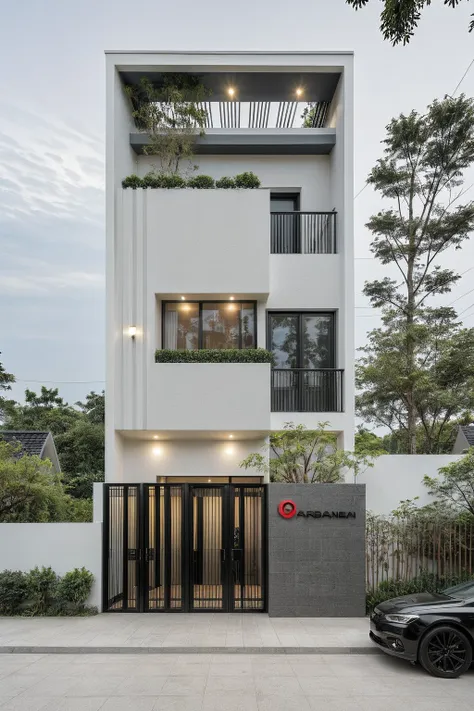 raw photo, a photo of a modern house, (curvilinear archrchitecture:1.4), wabisabi style rounded wall, white wall, steel black ga...