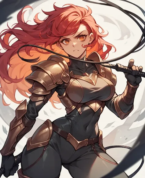 Female,curvy,red hair,orange eyes,battle armour, whip