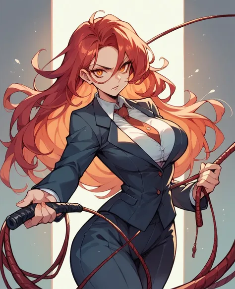 Female,curvy,red hair,orange eye,suit, whip